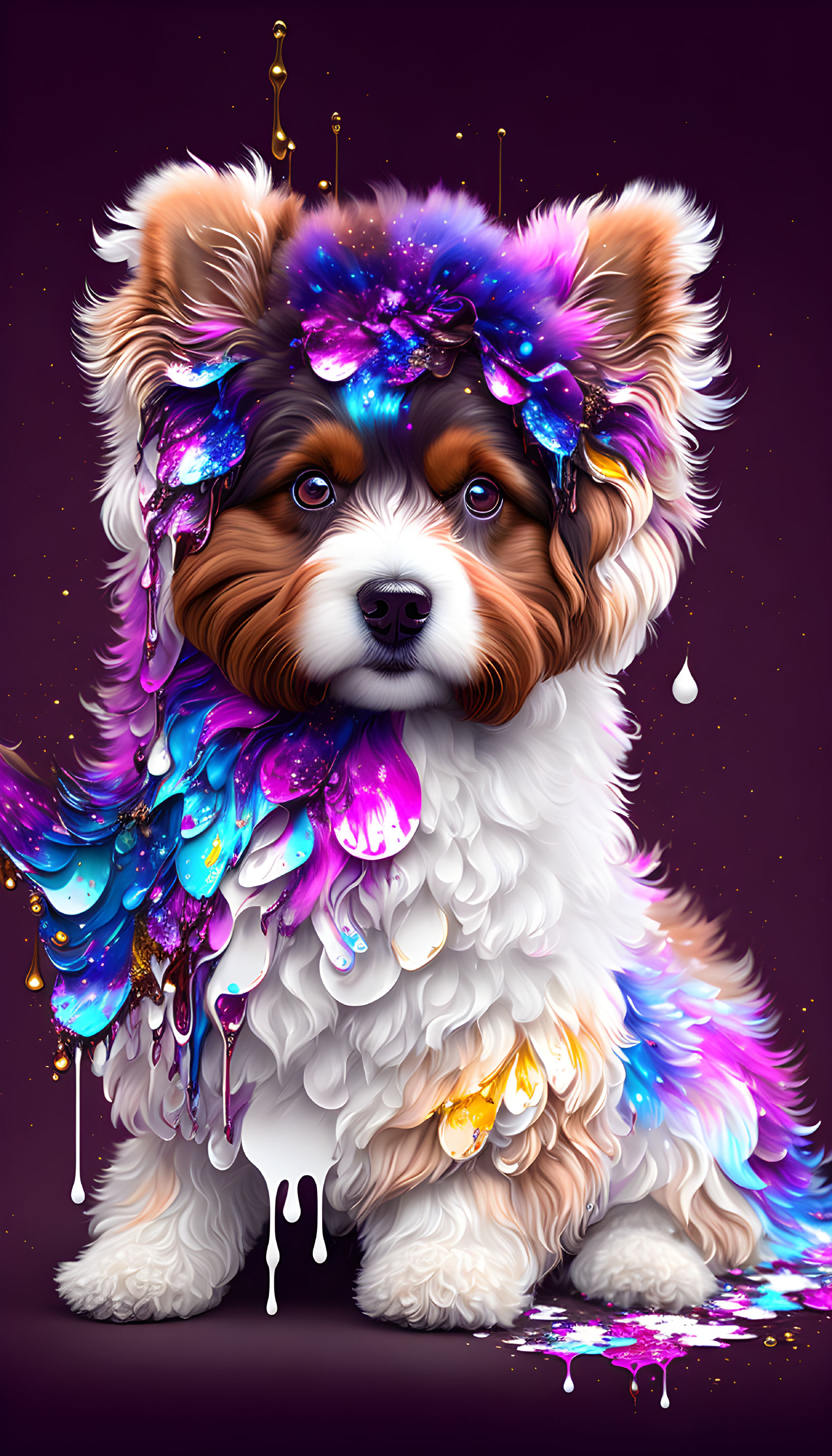 Colorful Fluffy Dog Illustration with Whimsical Crown