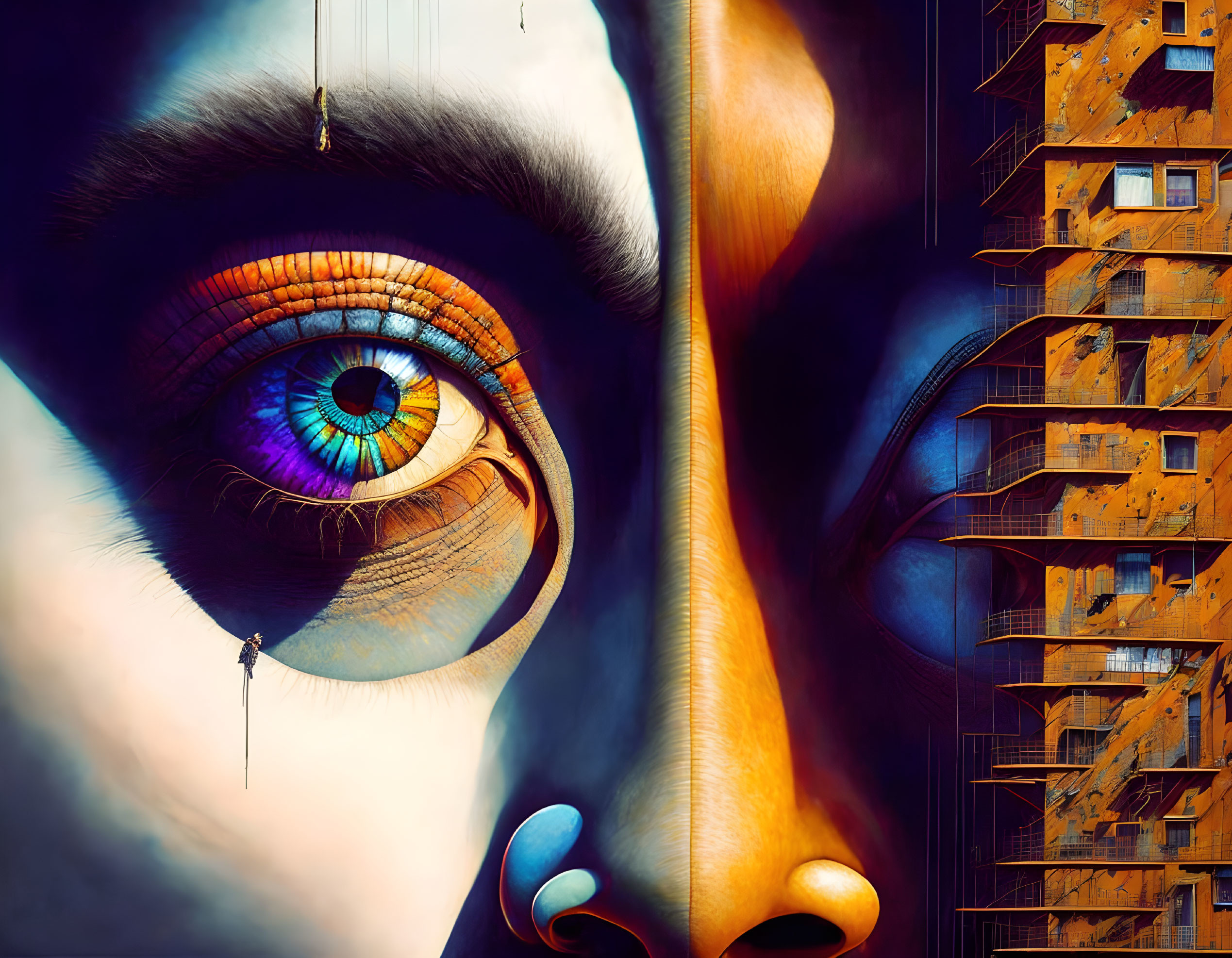 Surreal artwork: vibrant eye, distorted nose, abstract buildings