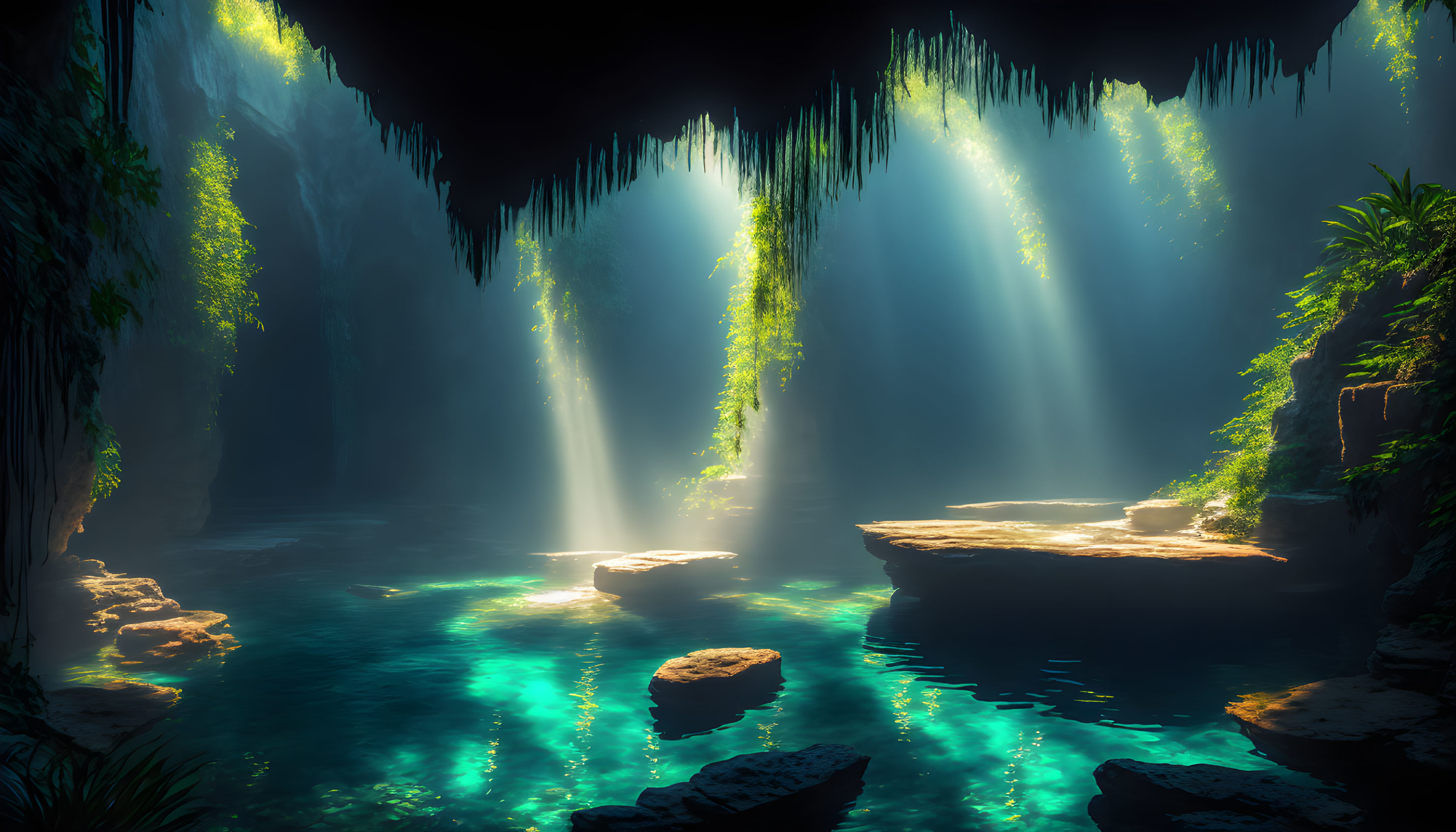 Lush cavern with sunlight filtering over turquoise waters