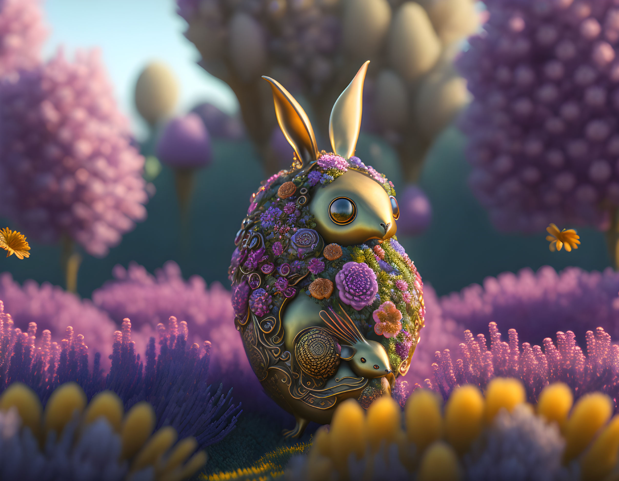 Golden rabbit-shaped egg with flowers in magical field with purple plants and balloons