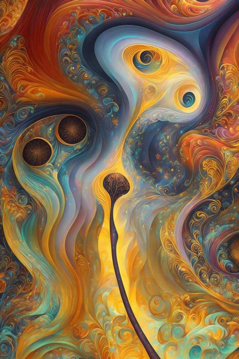 Abstract Blue, Orange, and Yellow Swirl Art with Hypnotic Patterns