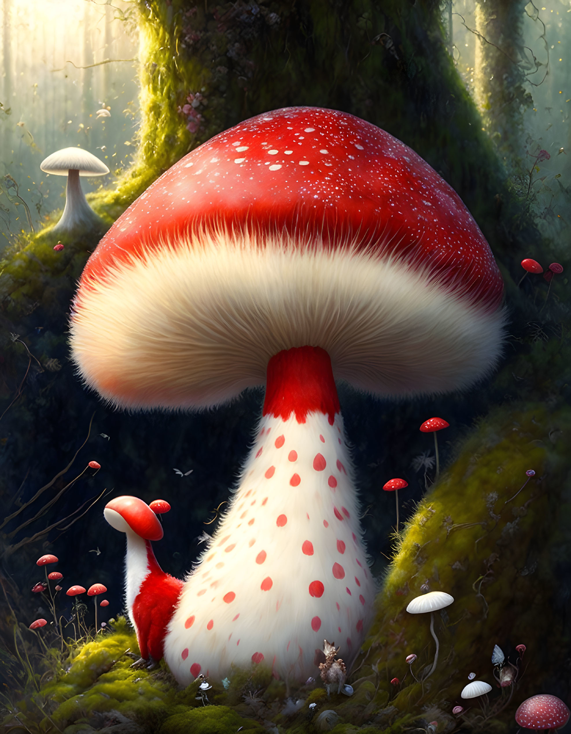 Colorful digital artwork: Large spotted mushroom in mystical forest