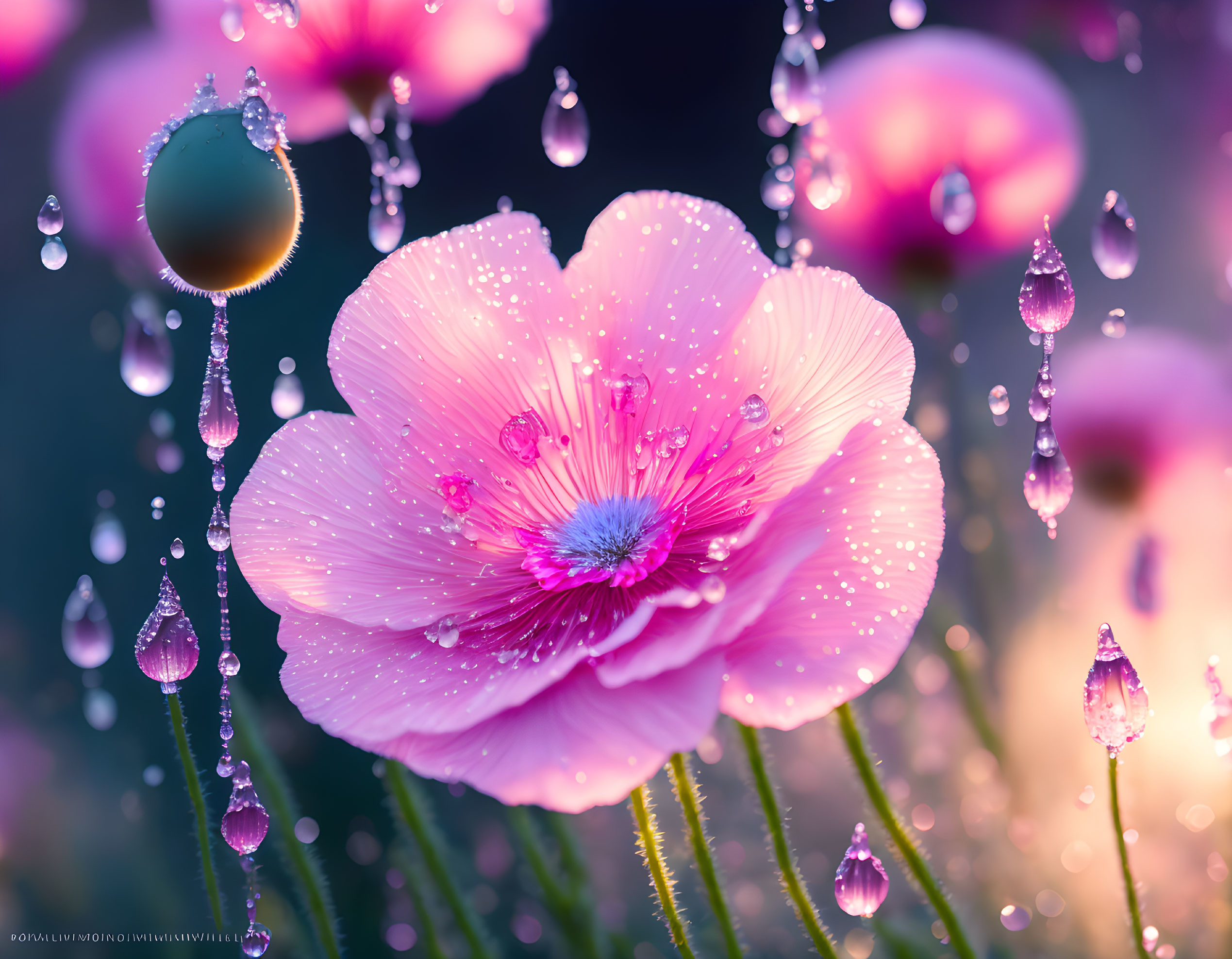 Pink Poppy Flower with Dewdrops on Dreamy Bokeh Background