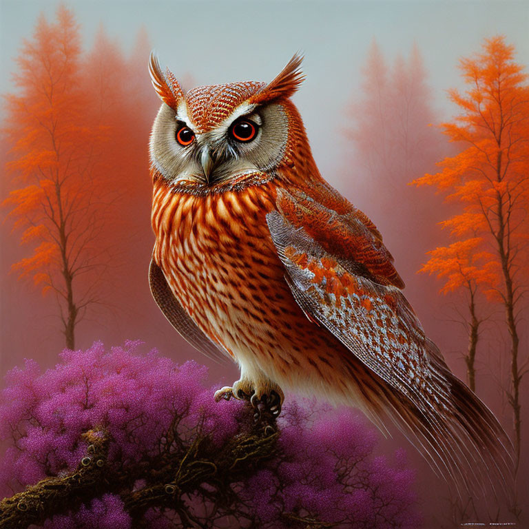 Detailed illustration of orange and white owl on branch with purple foliage, orange trees, misty backdrop