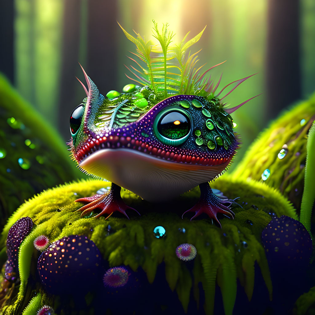 Colorful creature with fern-like growths in vibrant forest scene