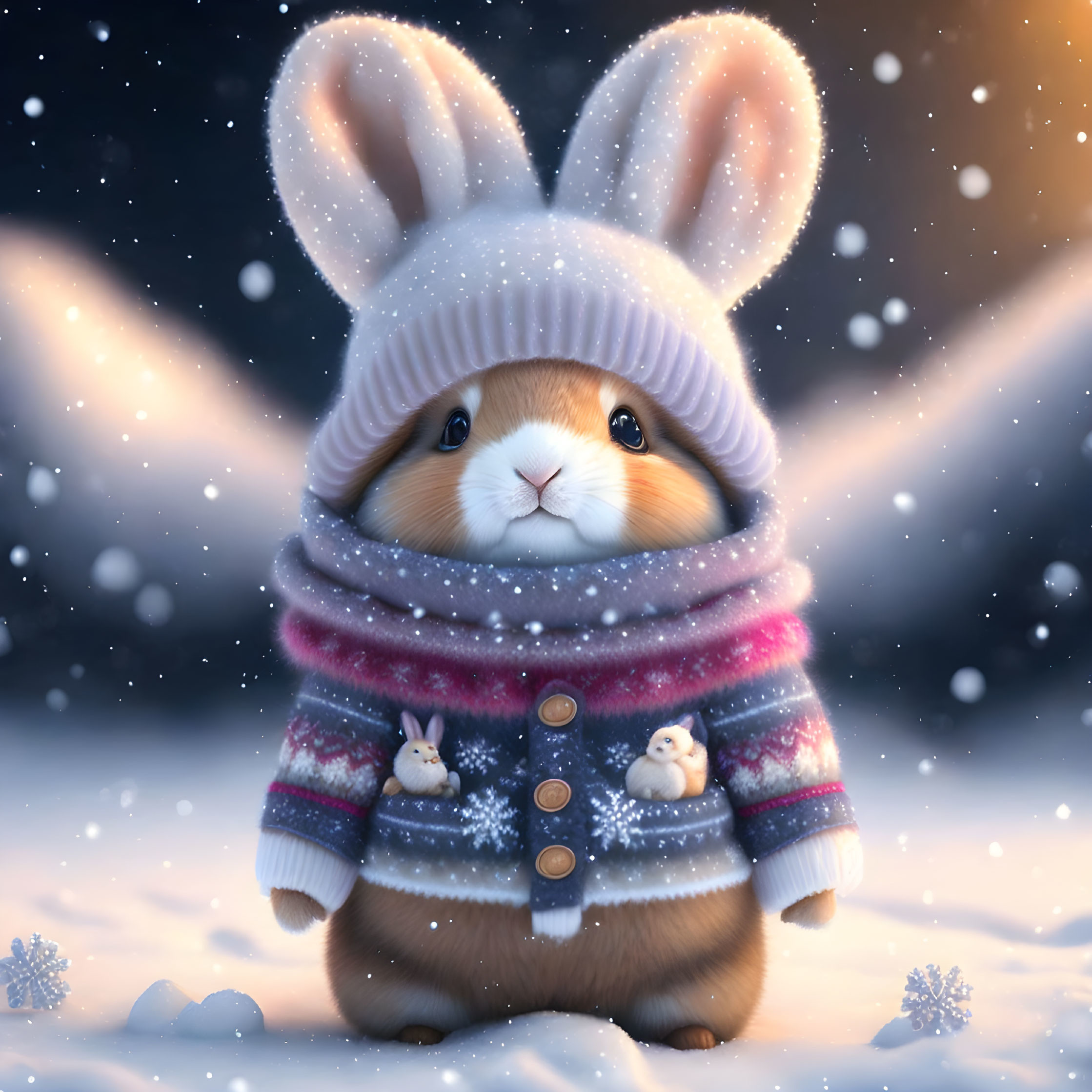 Cute bunny in winter attire surrounded by snowflakes