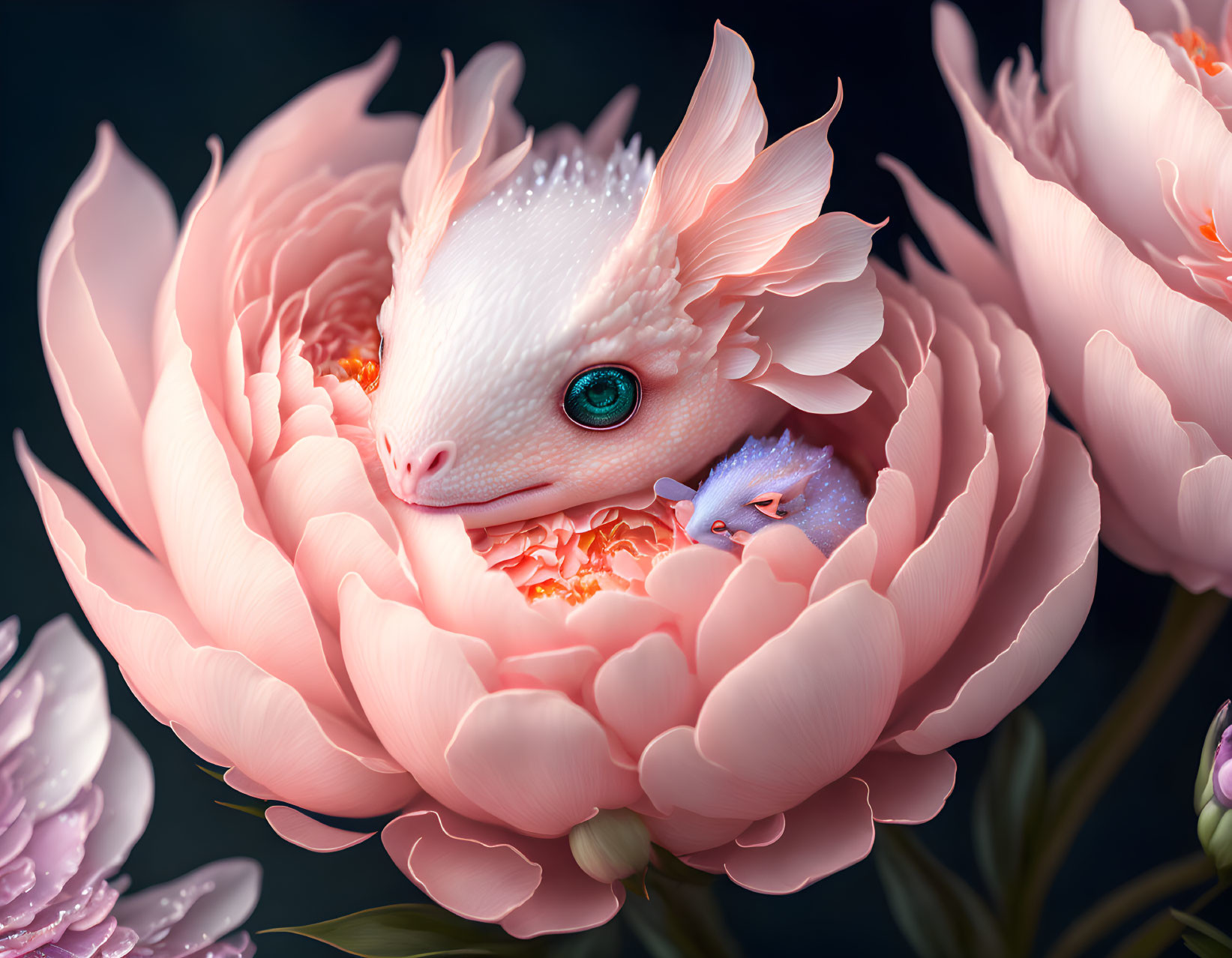 White Dragon Among Blooming Pink Peonies