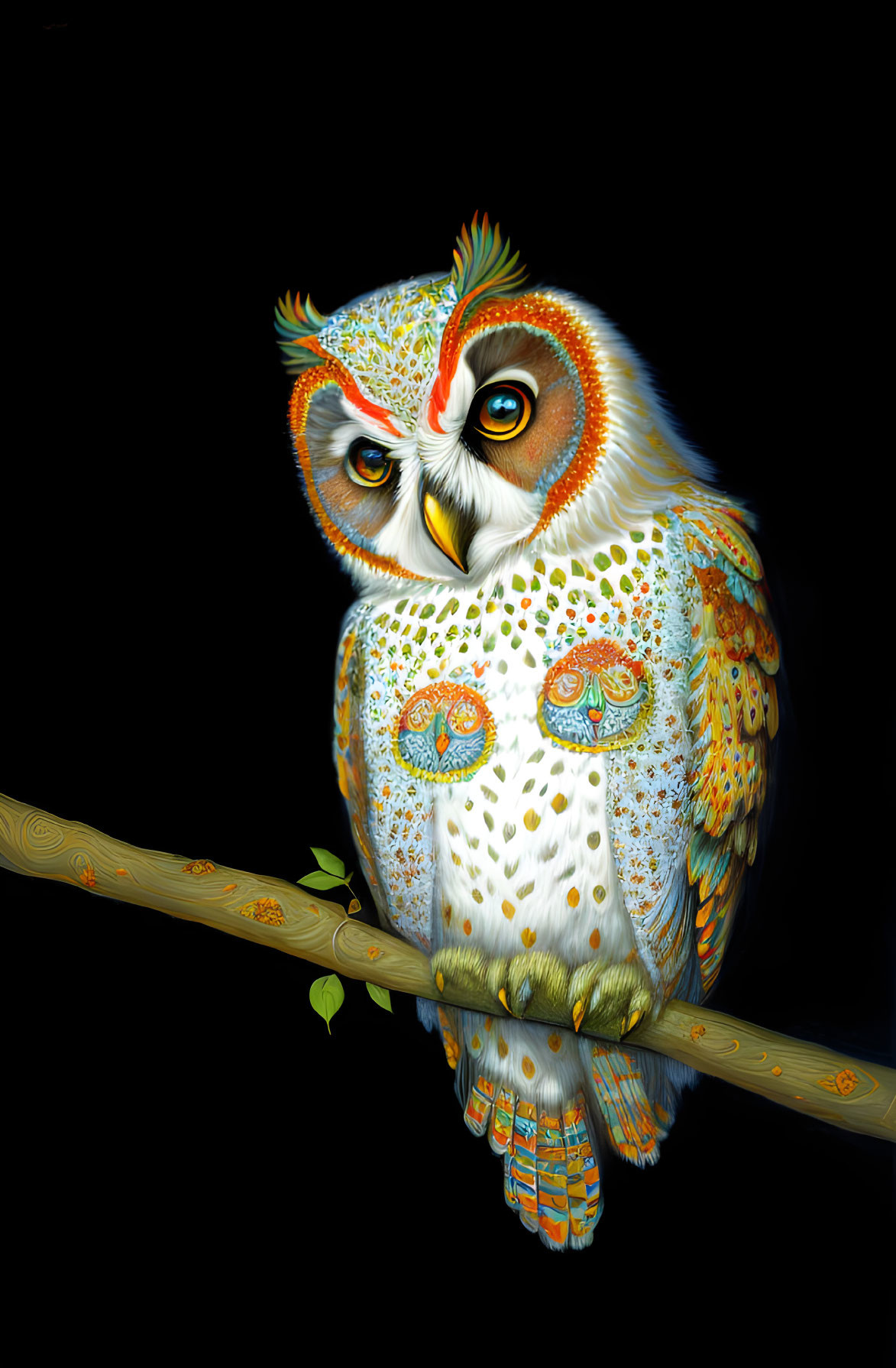 Colorful Patterned Owl Artwork on Branch Against Black Background