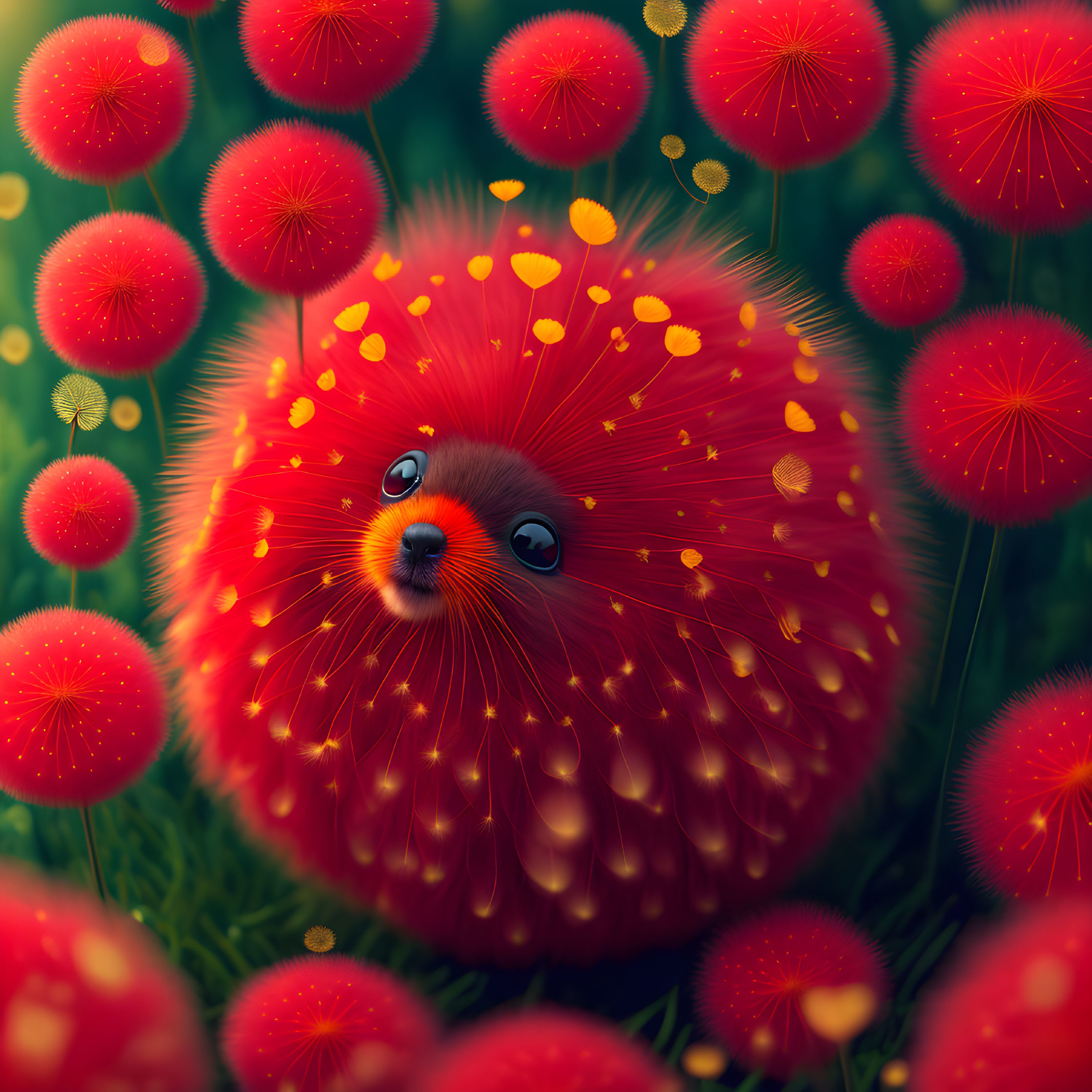 Colorful illustration of fluffy creature in vibrant floral setting