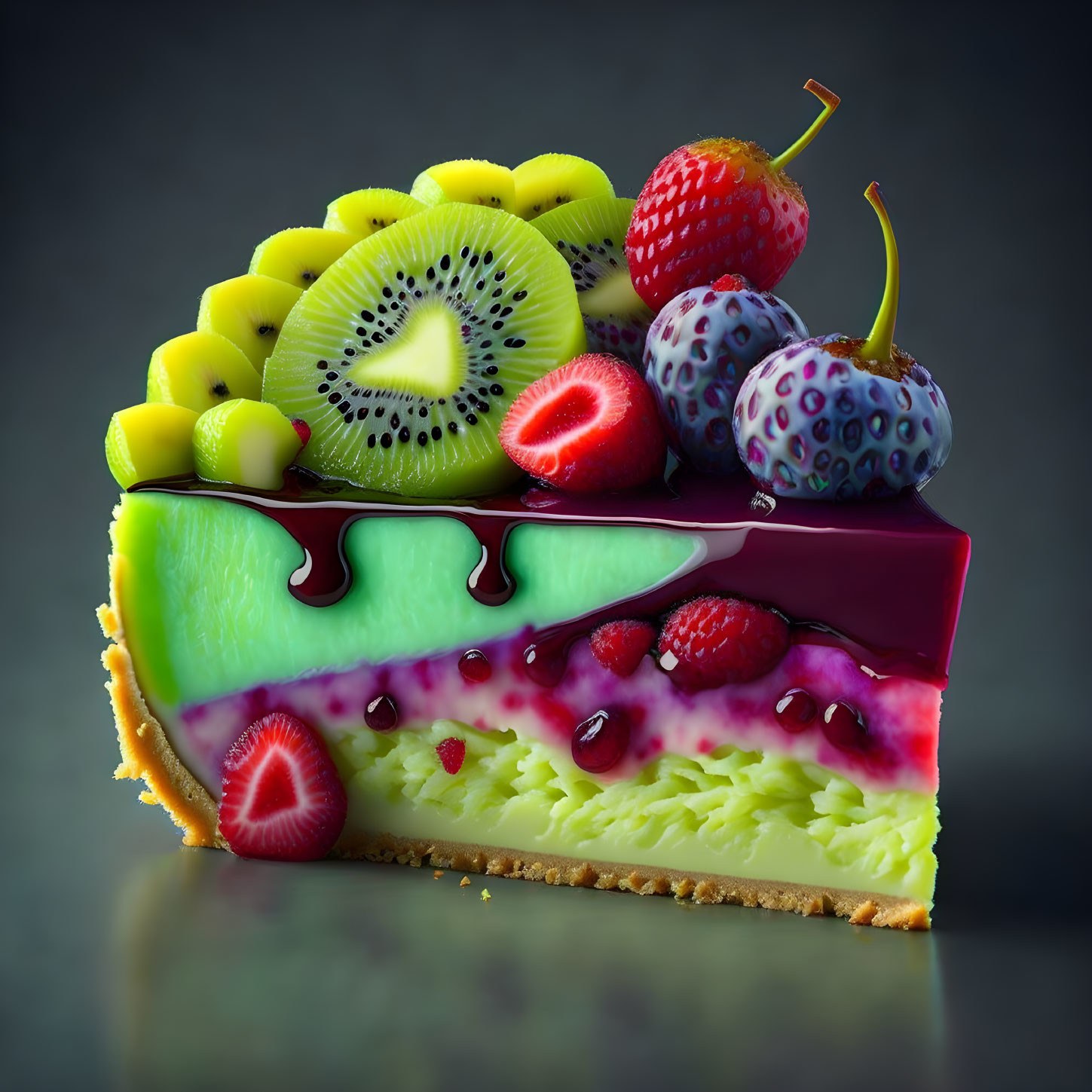 Colorful Fruit Cheesecake with Kiwi, Strawberries, Cherries, and Berry Sauce