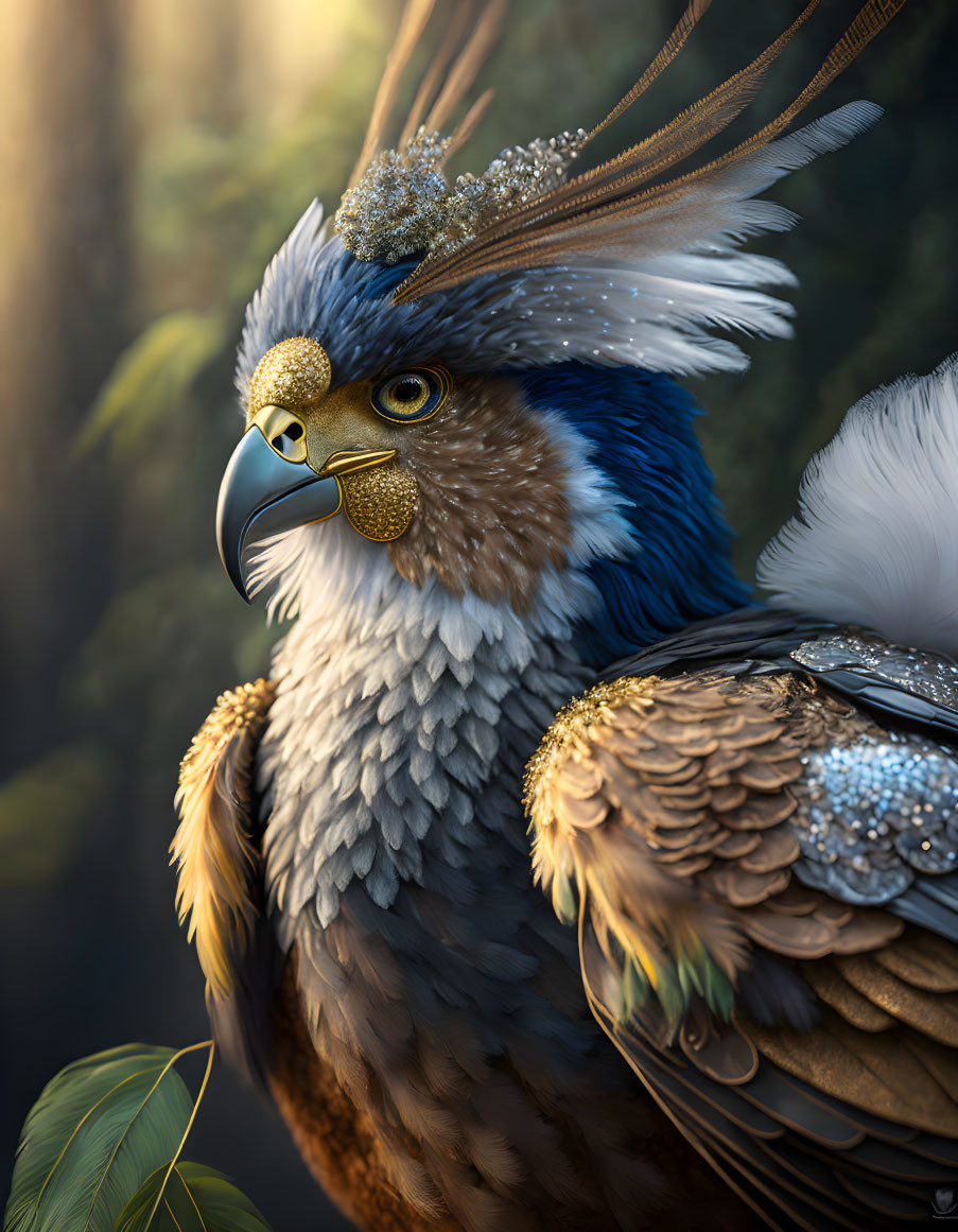 Majestic eagle with human-like eyes and crown in forest scene