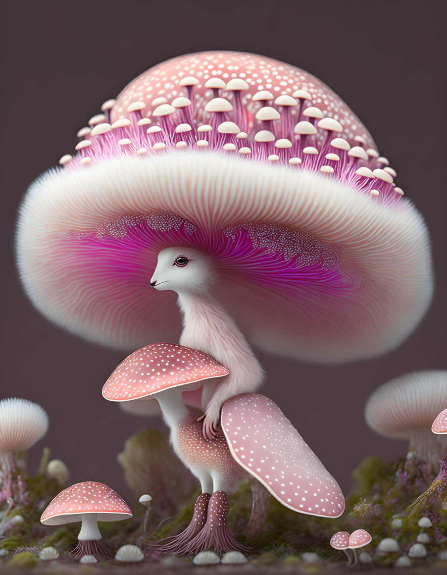 Digital artwork: Bird body with mushroom cap head, surrounded by smaller mushrooms on textured background