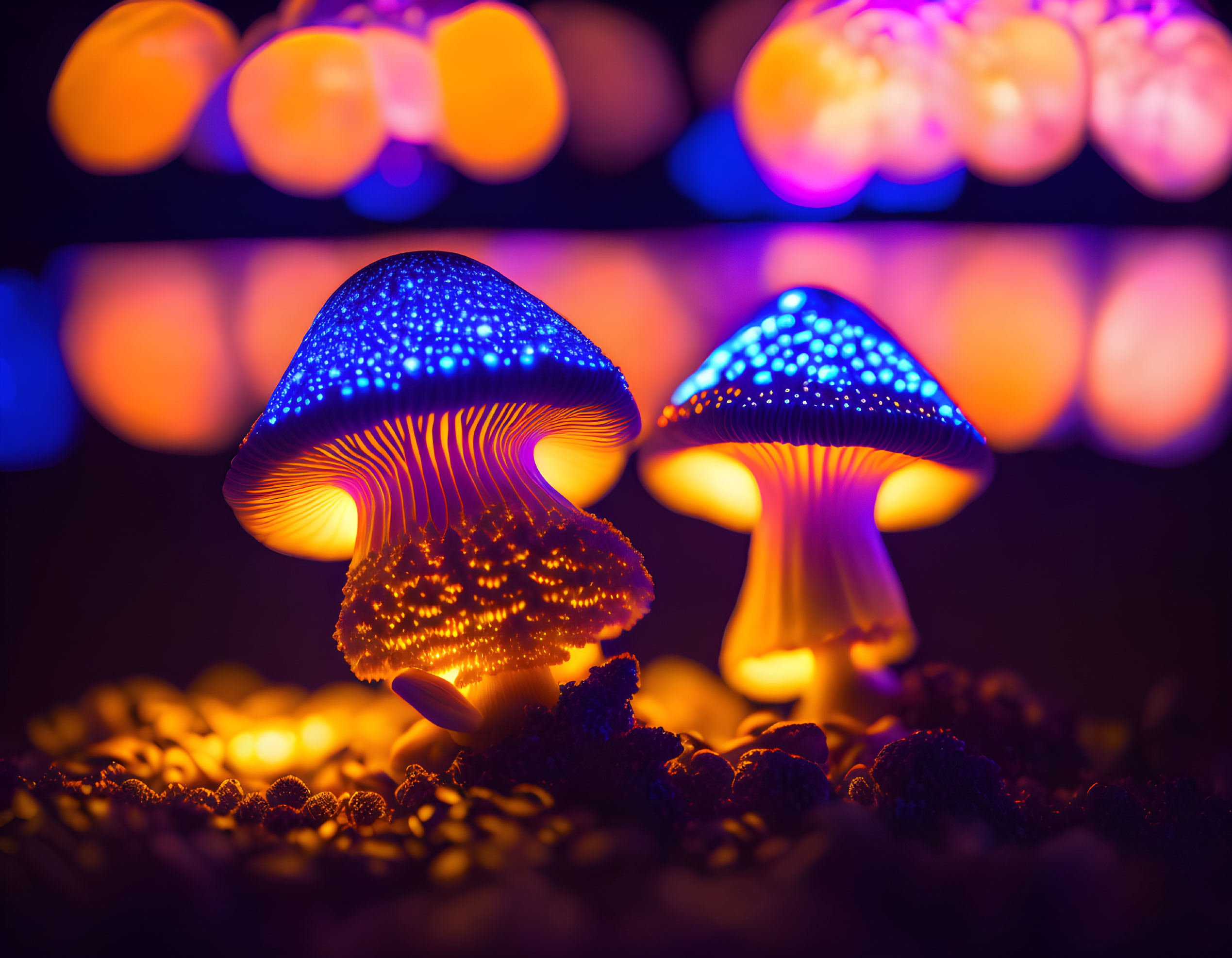 Vibrant blue illuminated artificial mushrooms on dark background