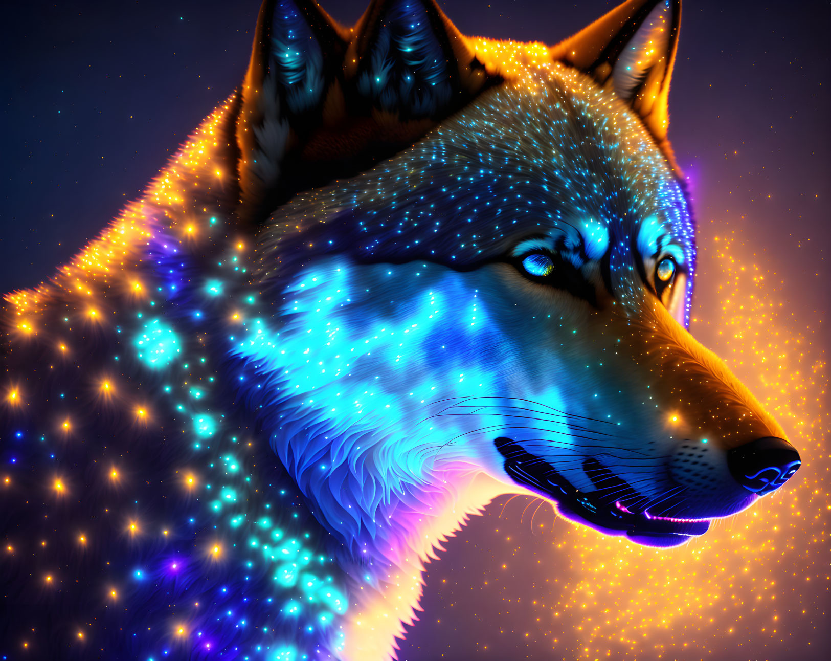 Cosmic-themed wolf head digital art with vibrant colors