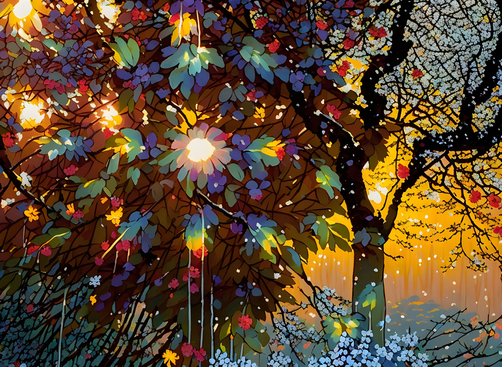 Vibrant trees and flowers in dreamlike sunset scene