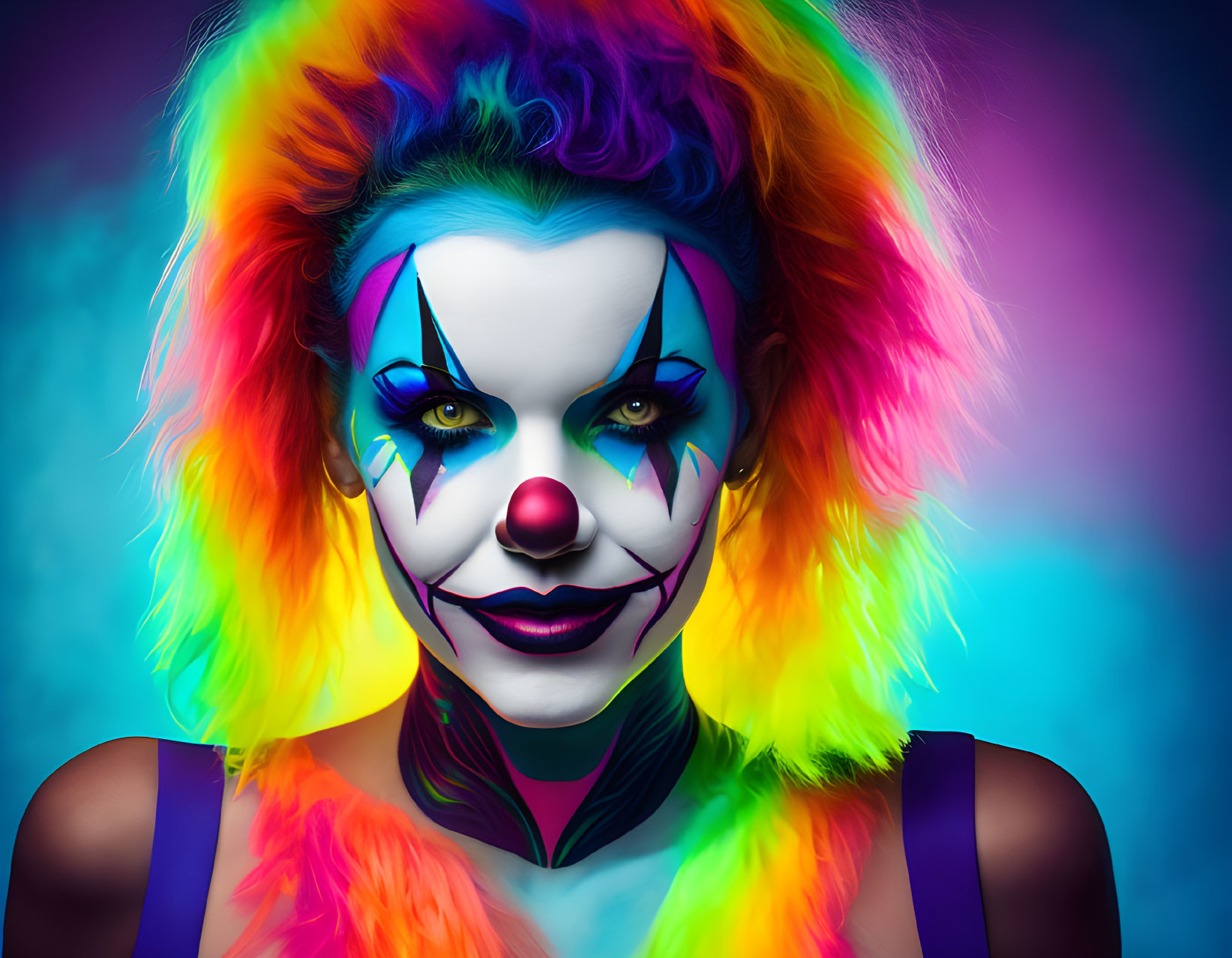 Colorful Clown Makeup and Rainbow Hair on Vibrant Blue Background