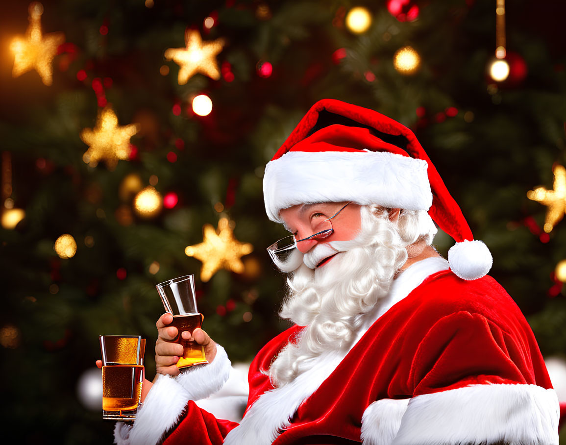 Santa Claus holding a beverage by a Christmas tree