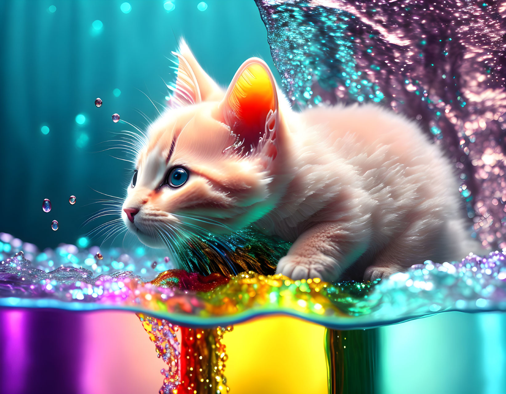 Blue-eyed kitten in colorful lights and water droplets on teal background