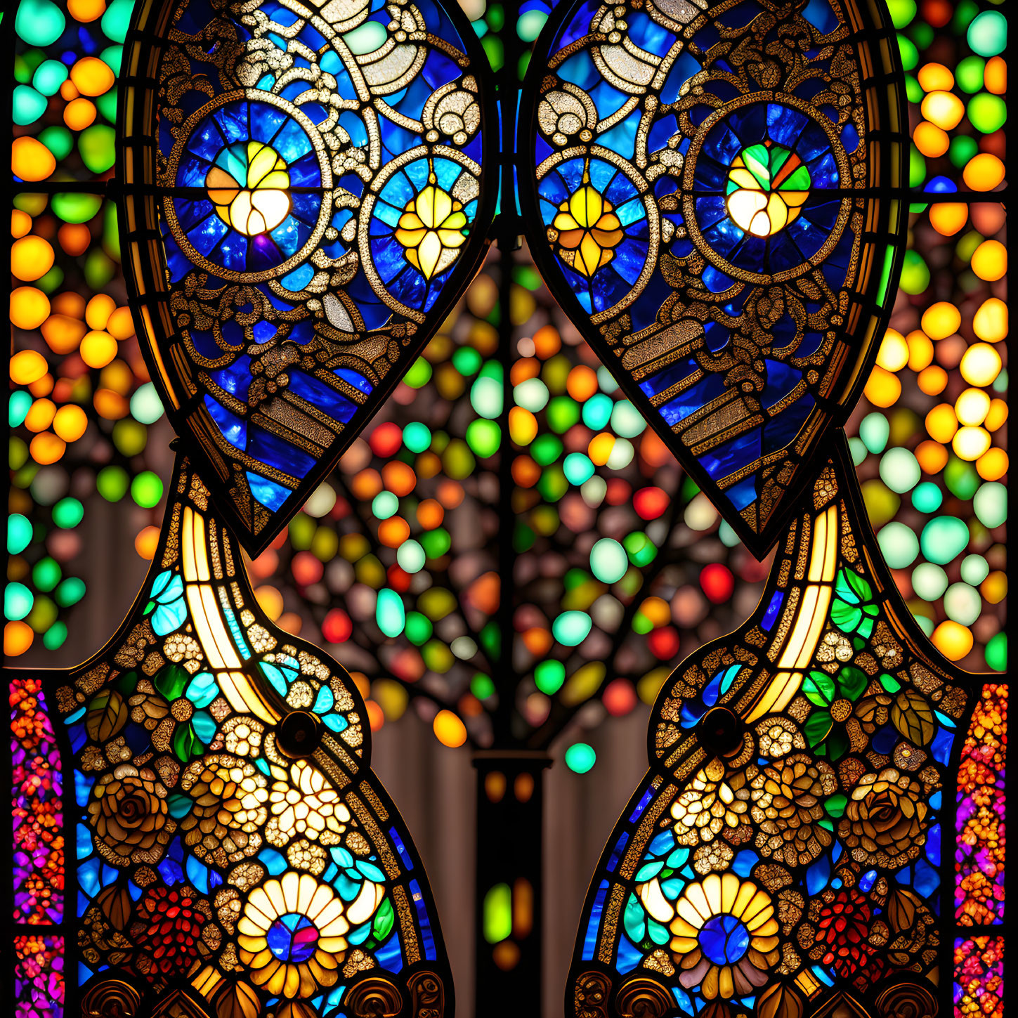 Symmetrical floral motifs in vibrant stained glass windows