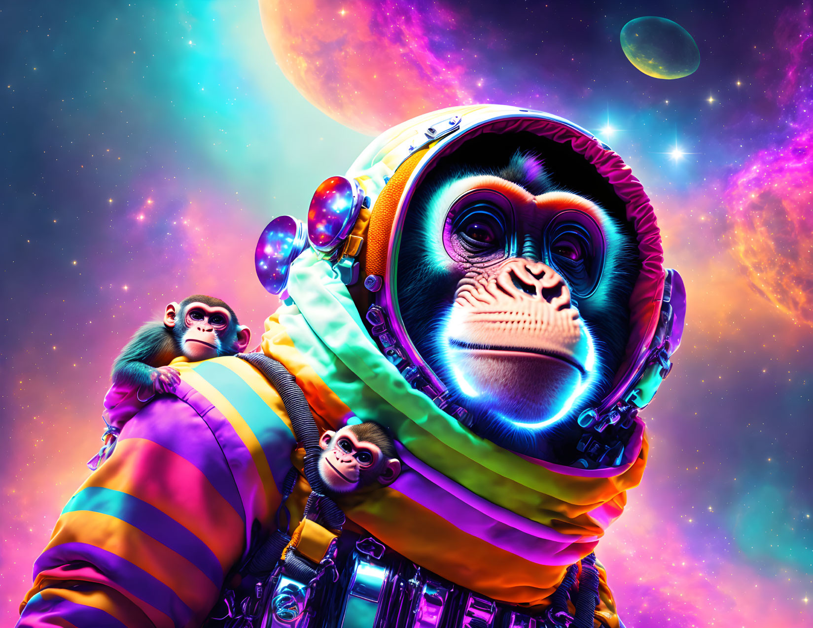 Colorful Astronaut Monkey with Two Monkeys on Back in Cosmic Scene