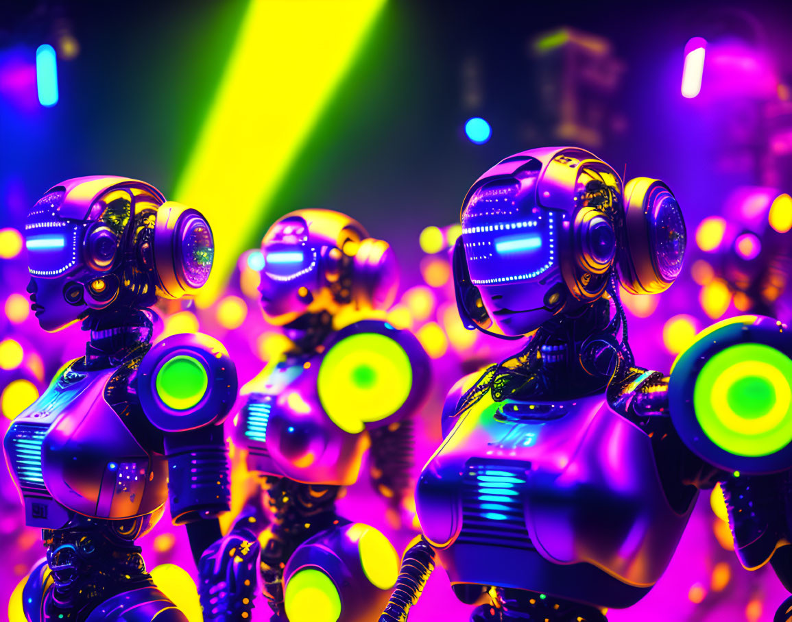 Futuristic humanoid robots with illuminated circuit patterns in vibrant stage lights