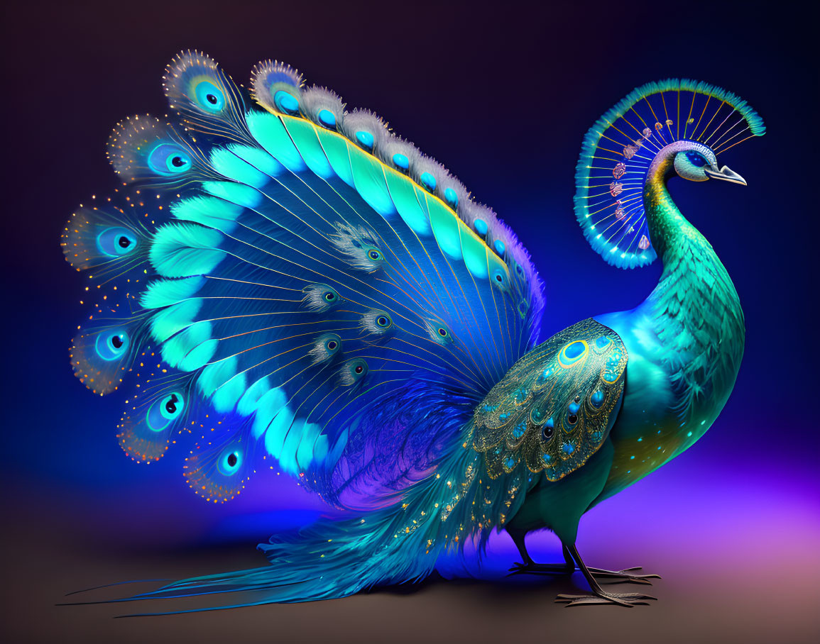 Colorful peacock with iridescent feathers on purple background