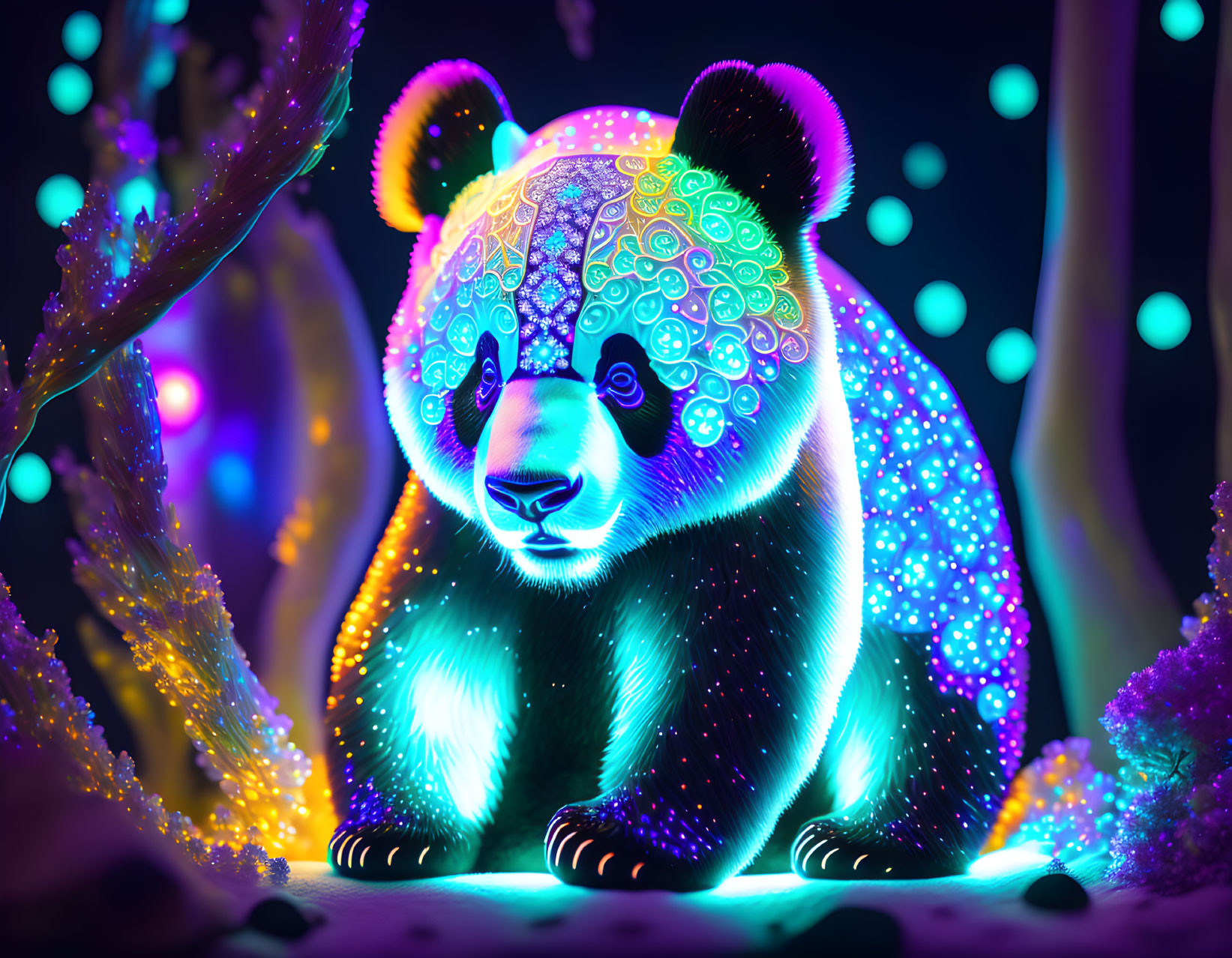 Neon-illuminated panda in fantasy forest environment