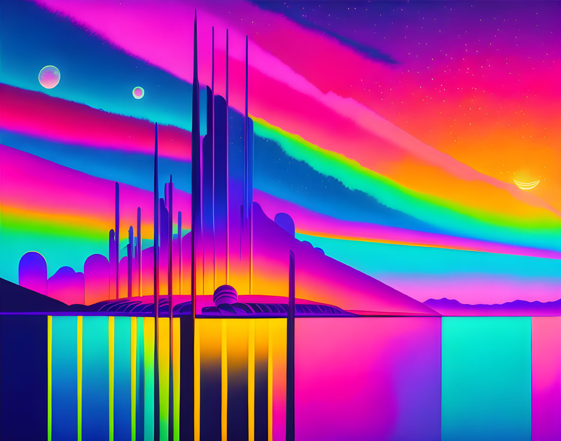 Colorful digital art: neon mountains, reflective surfaces, starry sky.