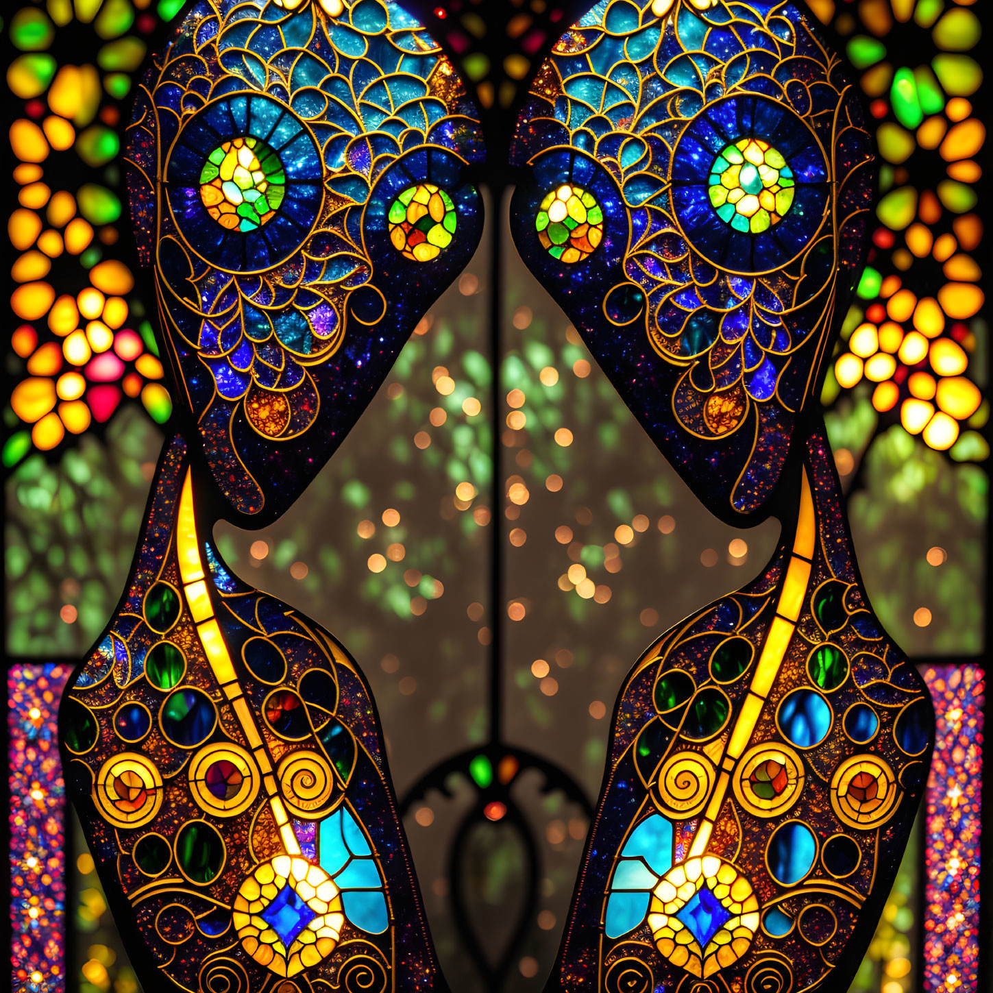 Symmetrical peacock feather pattern in vibrant stained glass