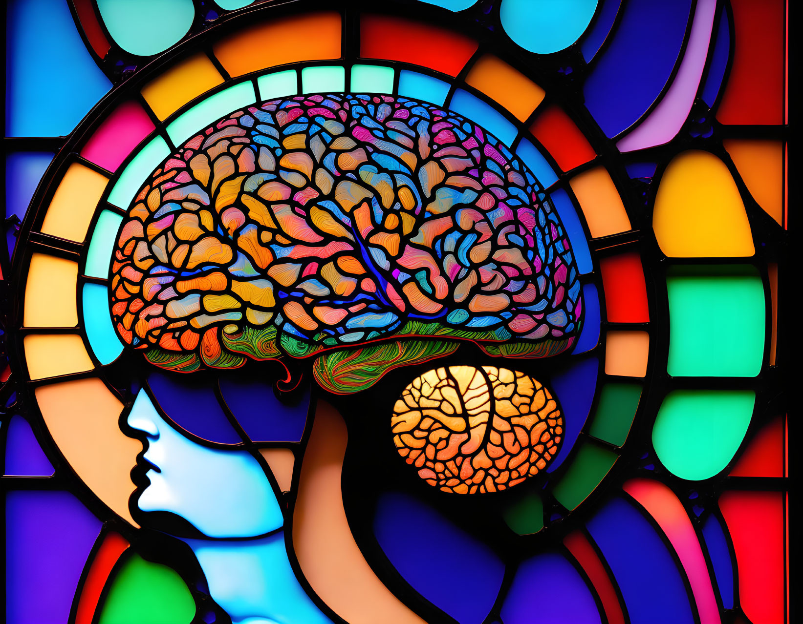 Stained Glass Artwork of Human Profile with Brain on Colorful Mosaic