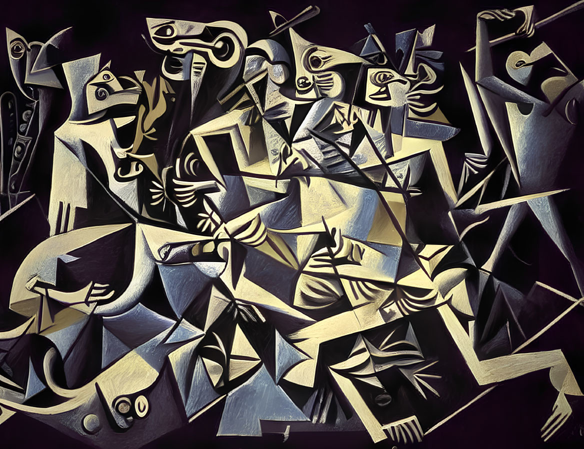 Monochromatic Cubist painting with fragmented shapes and figures