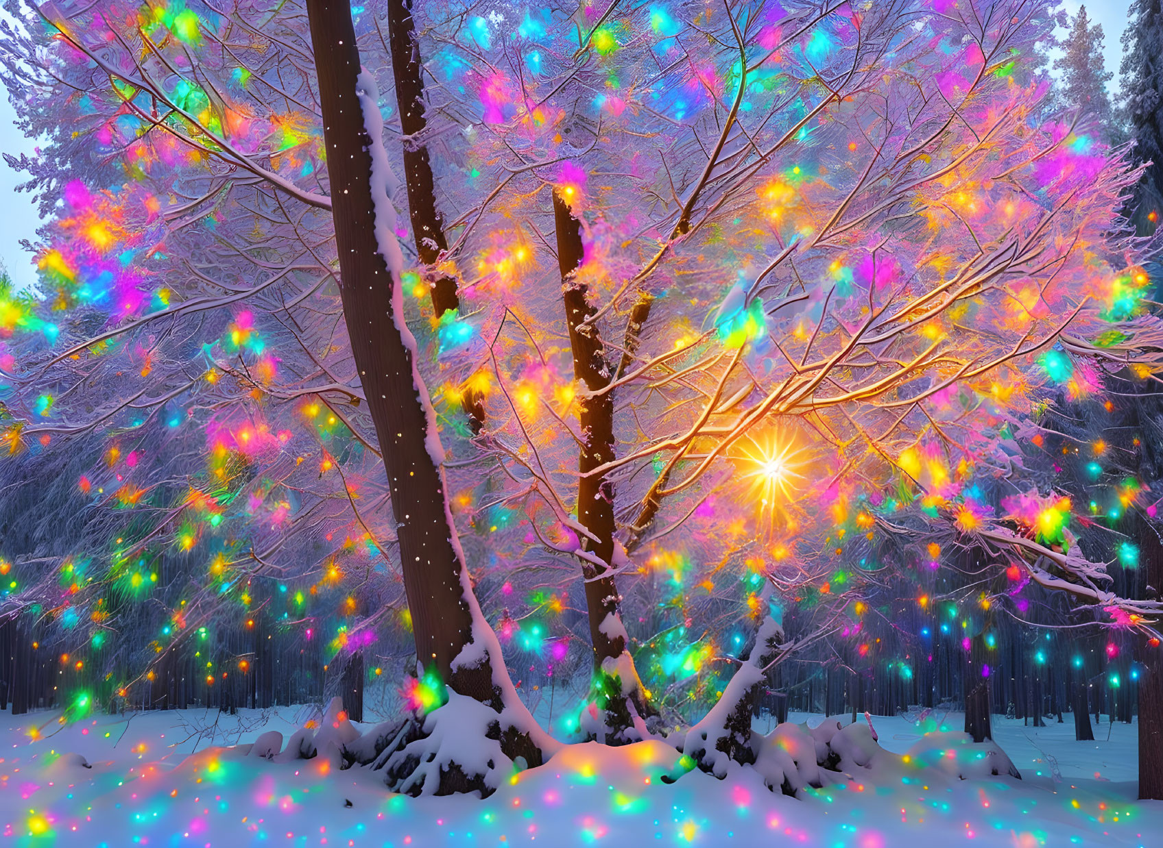 Colorful Lights Illuminate Snowy Winter Scene