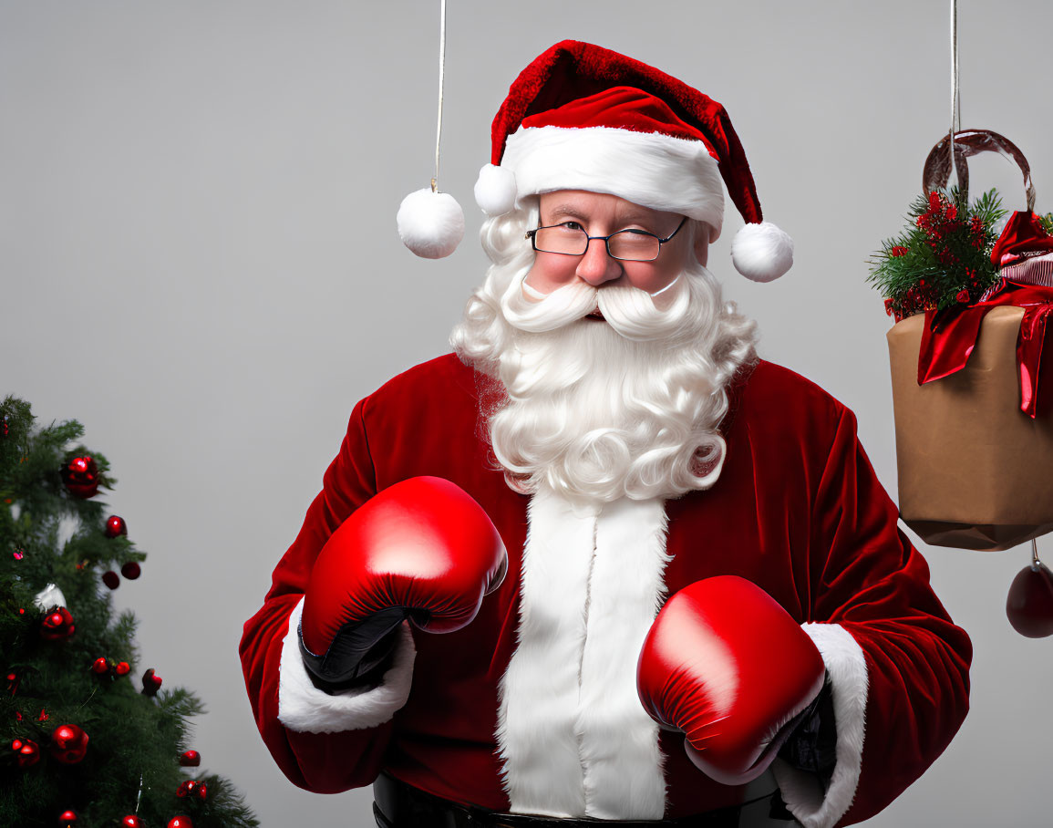 Santa Claus costume with boxing gloves near Christmas tree and gift