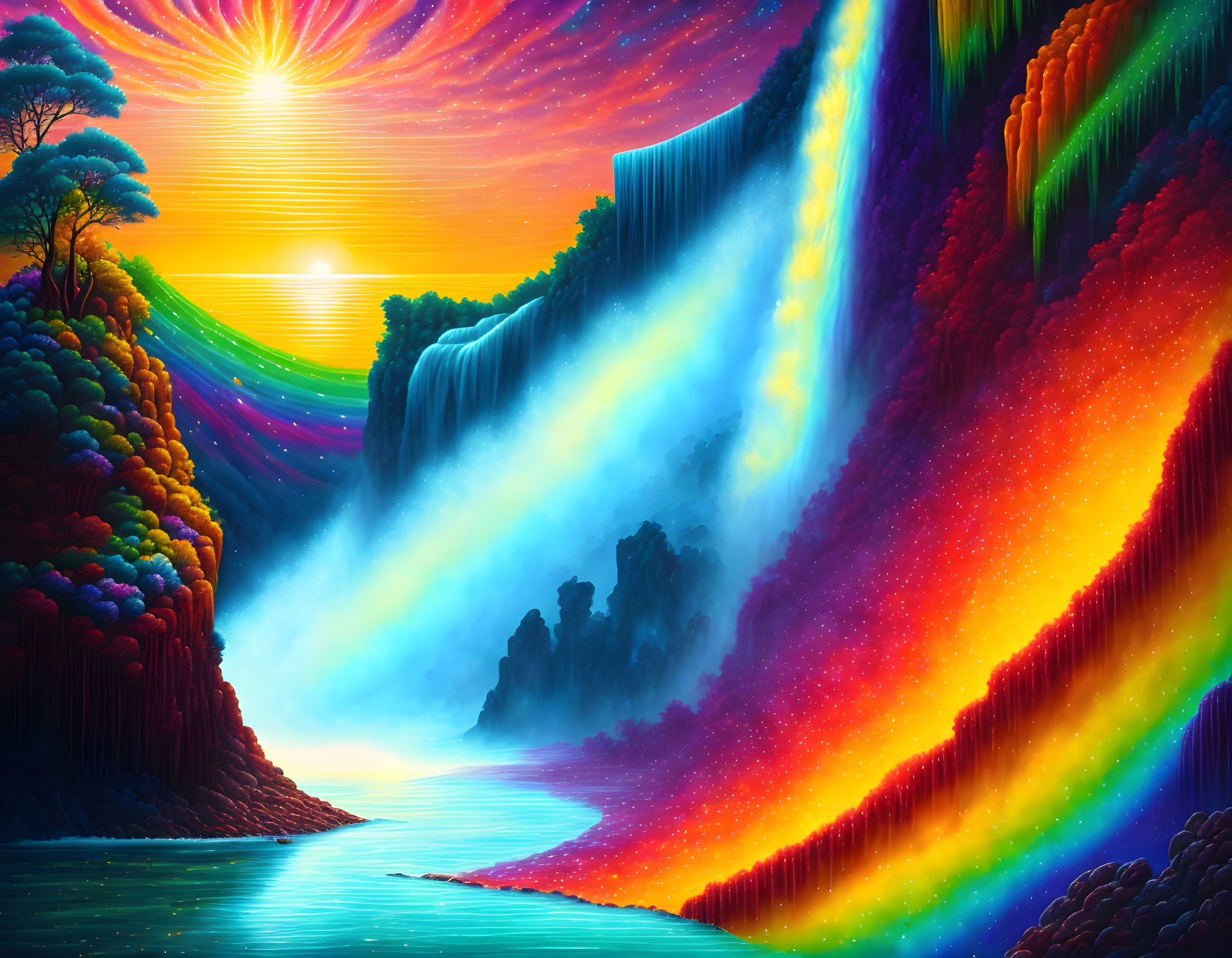 Colorful surreal landscape: rainbow waterfalls, sunset, river, vibrant foliage, vivid sky