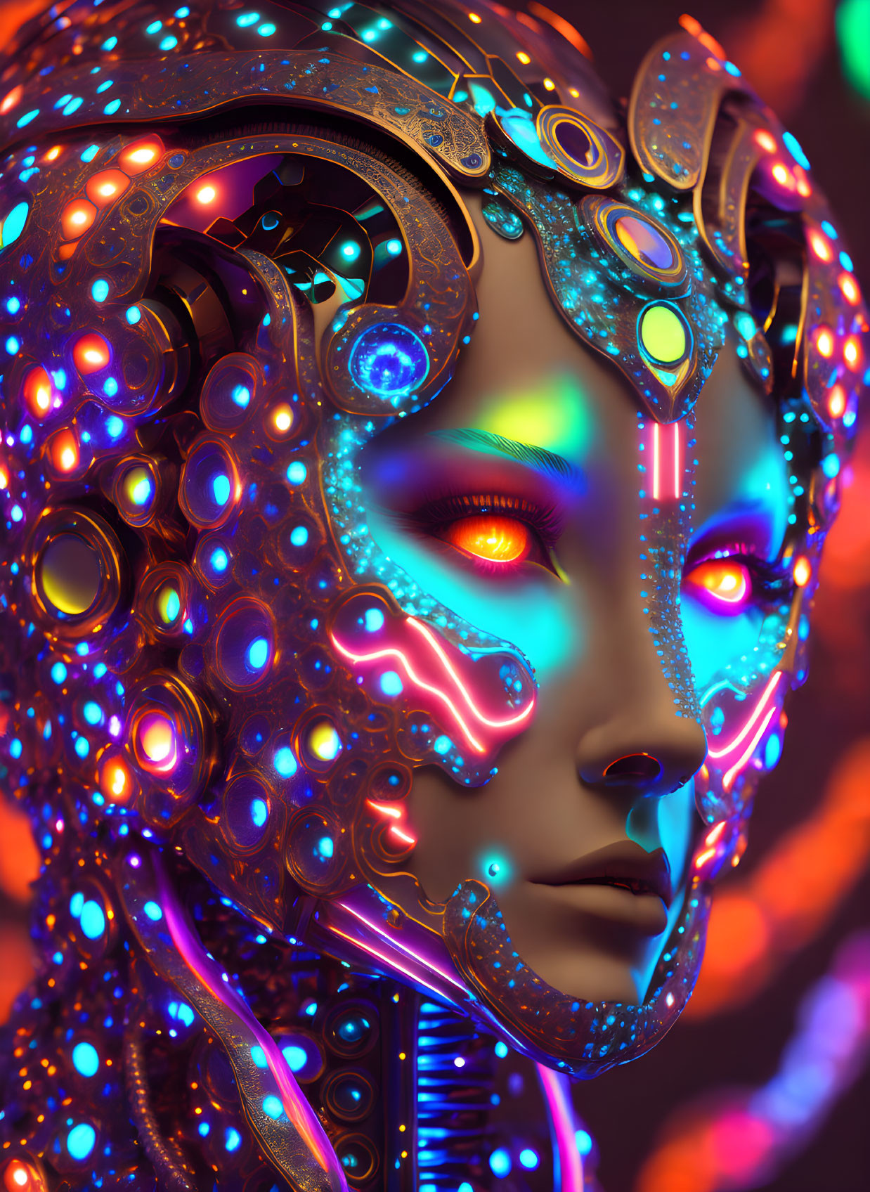 Colorful Digital Portrait of Humanoid Figure in Futuristic Helmet