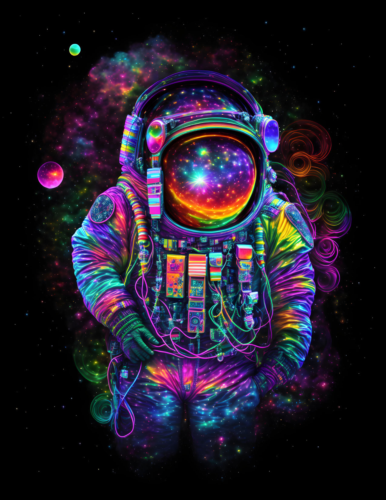 Colorful astronaut in space suit with cosmic backdrop