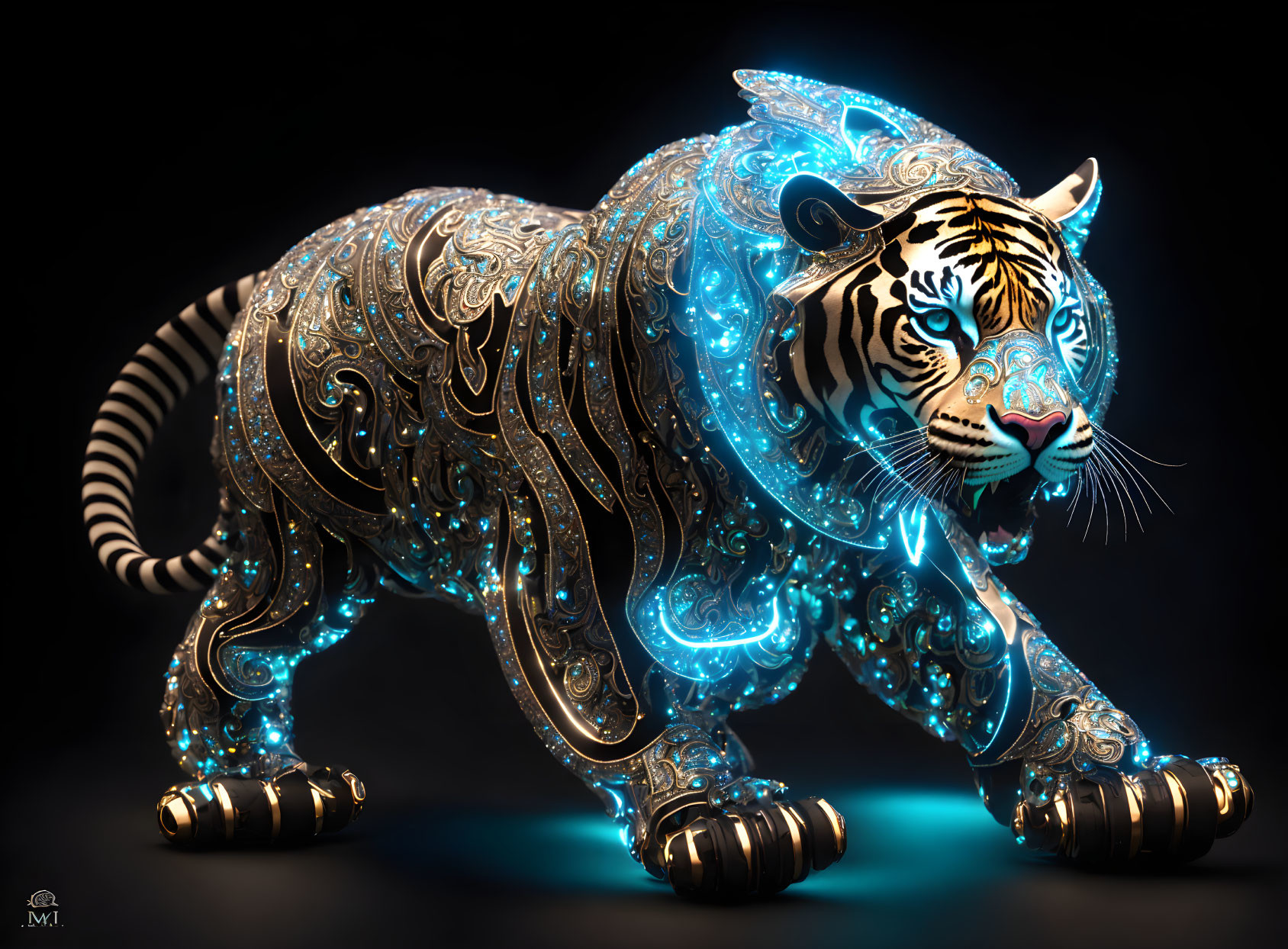 Tiger digital artwork with gold and turquoise patterns on dark background