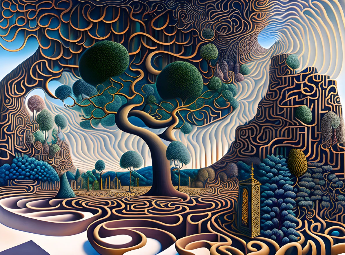 Surreal landscape with central tree, undulating patterns, floating orbs, and stylized buildings under