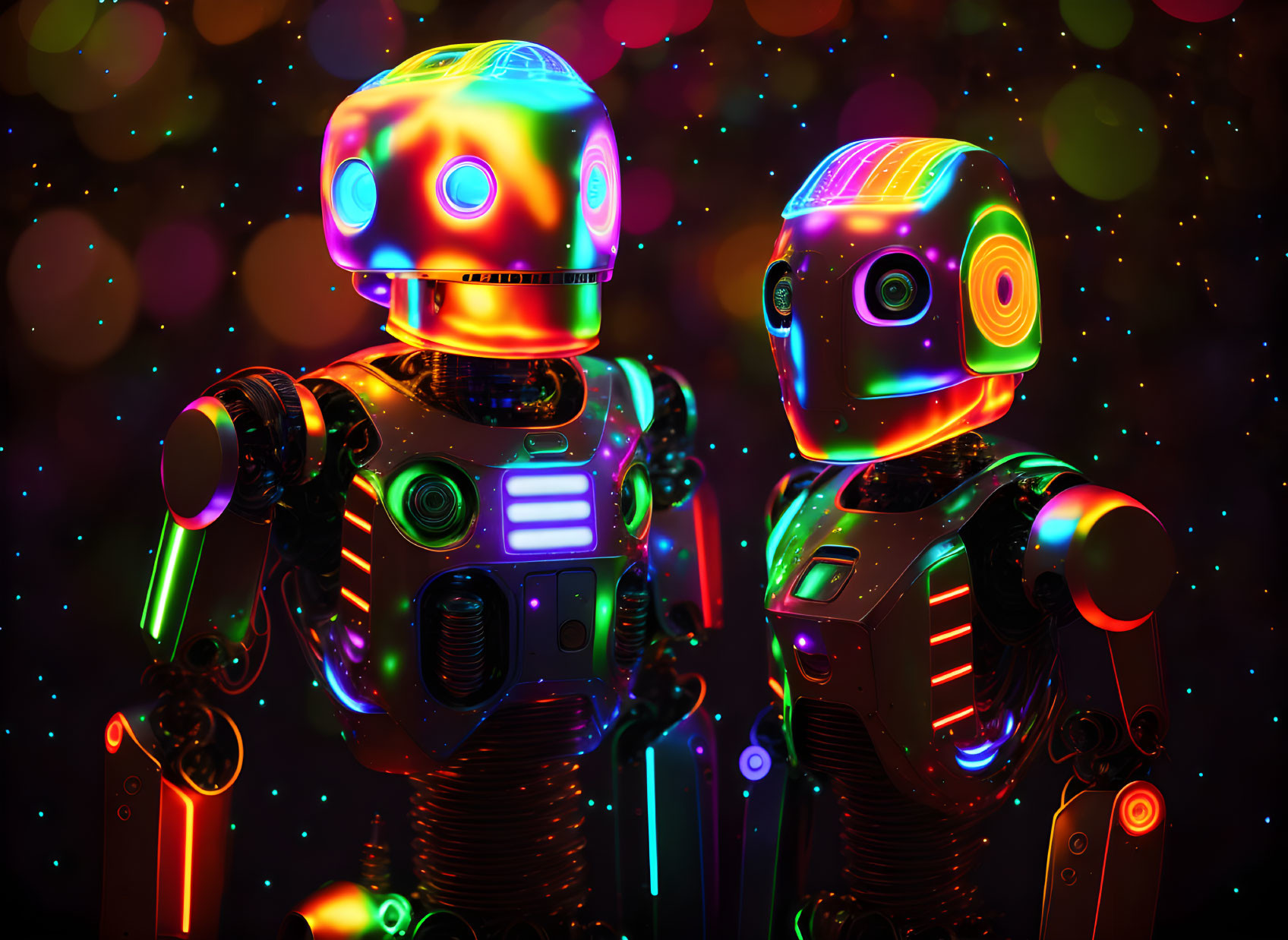 Colorful illuminated robots on bokeh light background