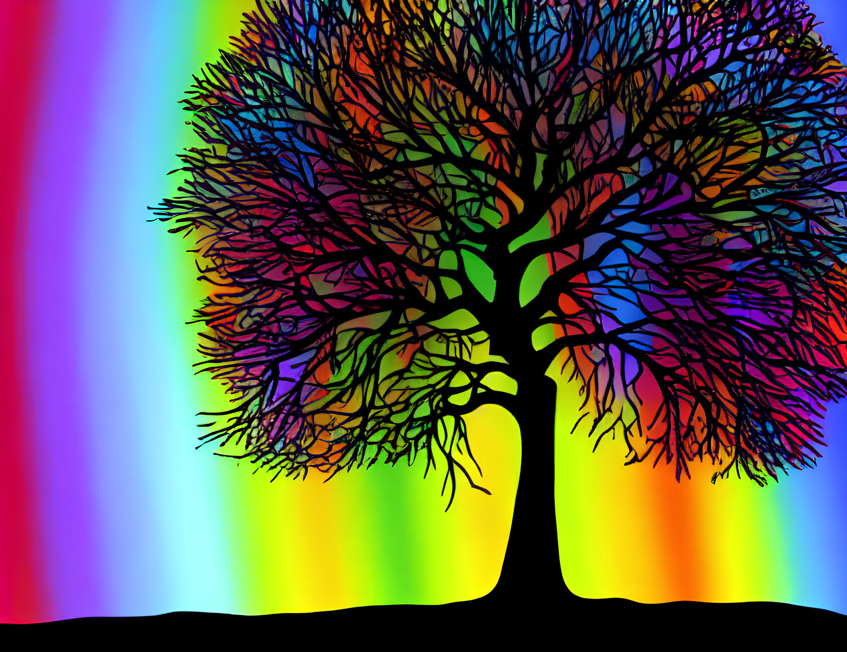 Leafless Tree Silhouette on Vibrant Rainbow Gradient Background