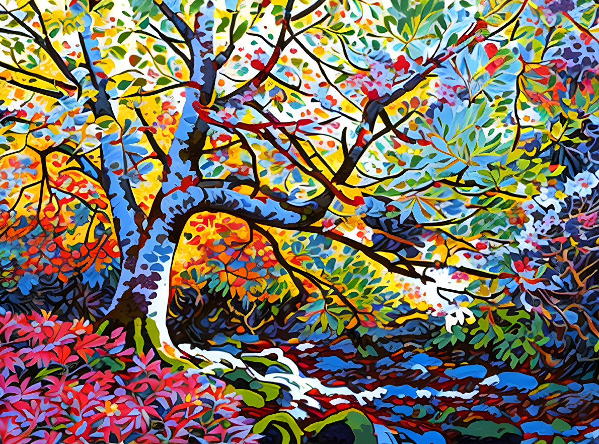 Colorful forest painting with twisted trees and vibrant leaves under a clear sky