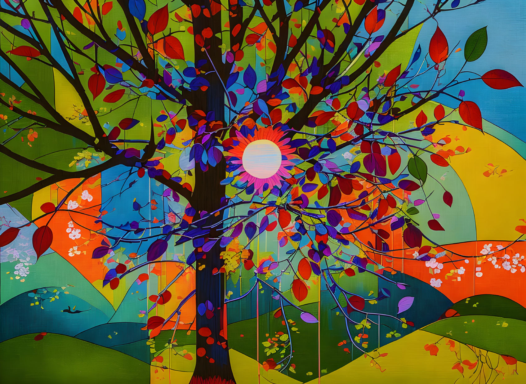 Colorful Tree Illustration with Bright Leaves and Sunlit Landscape