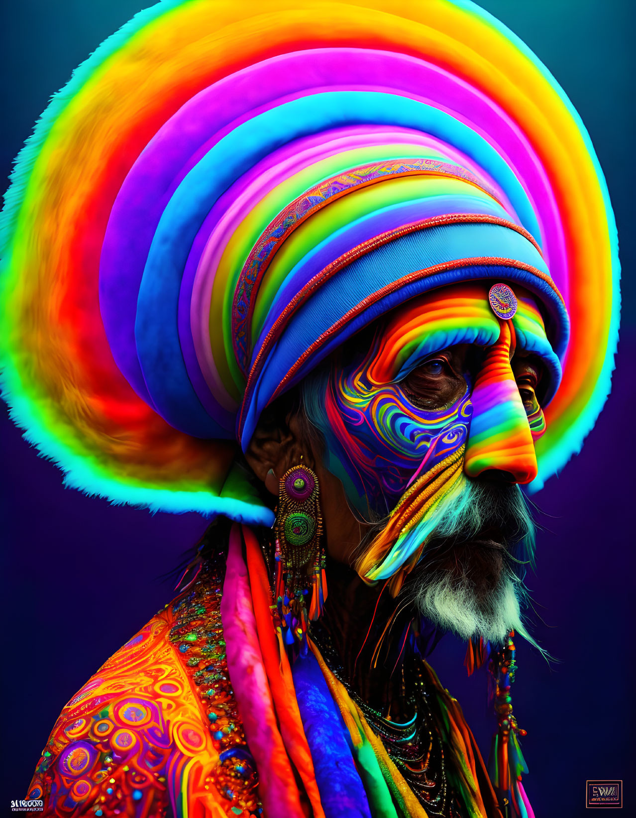 Colorful portrait of person in vibrant turban and face paint on blue backdrop