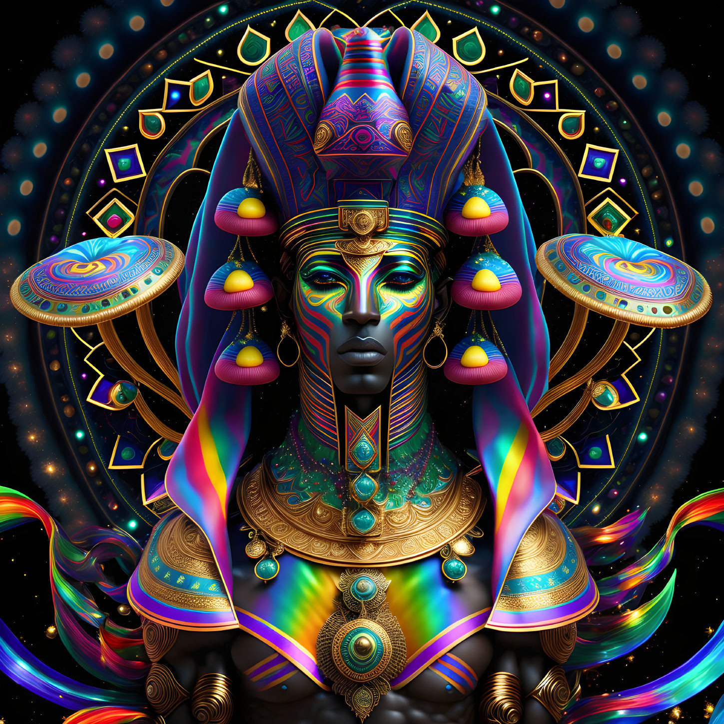 Psychedelic Egyptian-inspired figure in cosmic backdrop