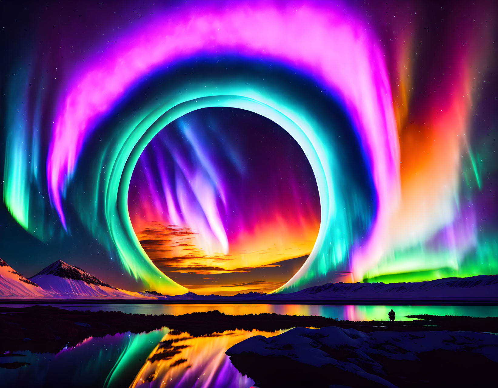 Vibrant swirling auroras over reflective water with solitary figure