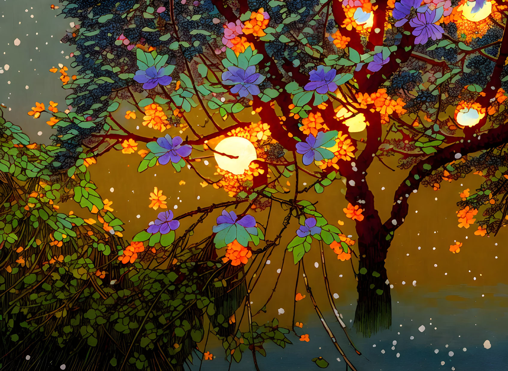 Colorful tree against sunset and water in digital art