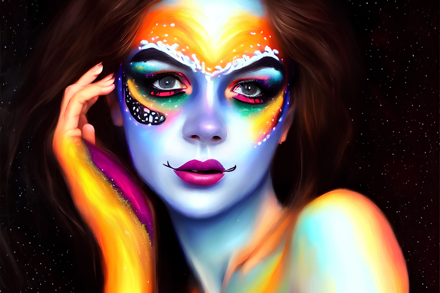 Colorful Female Face Painting with Rainbow Colors and Striking Makeup