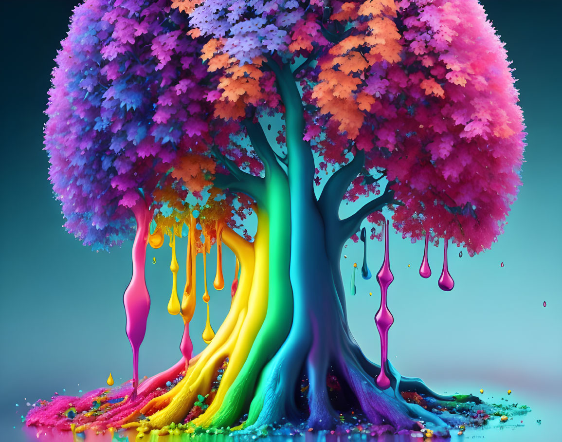 Colorful Tree with Dripping Paint Effects & Surreal Scene