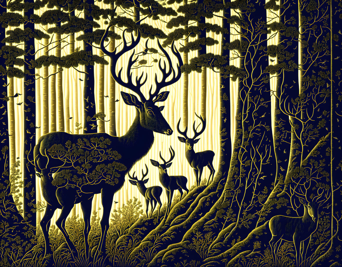 Silhouetted deer family in forest with golden backlighting and starry sky background