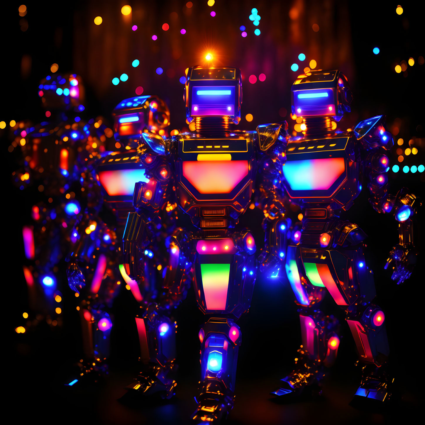 Colorful illuminated robots with glowing eyes on dark backdrop